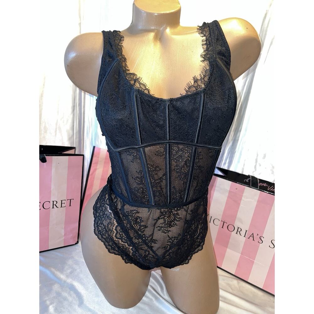 Victorias Secret Corset Eyelash Lace Thong XL BEAUTIFUL Rtl. $89